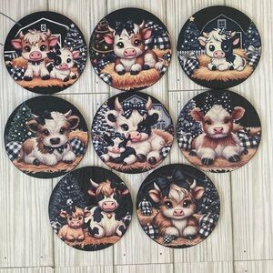 8 Wooden Round Christmas Cow Coasters / Ornaments